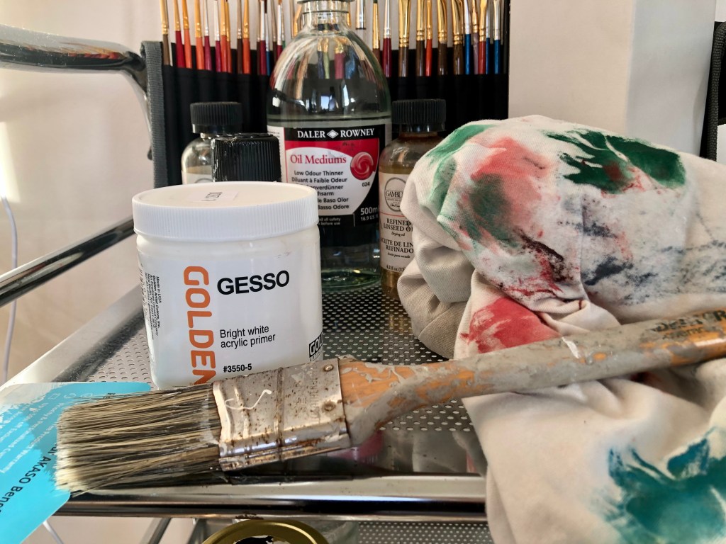 Oil painting supplies, gesso, odorless mineral spirit, large paint brush.